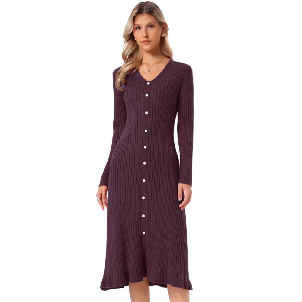 Women Long Sleeve Button Midi Dresses Pleated Sweater Dress Dark Purple